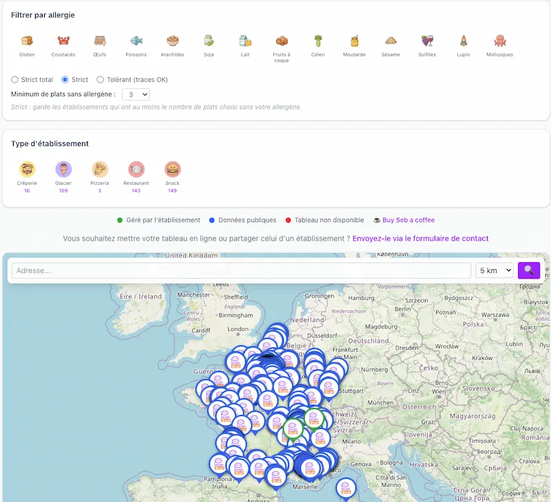 La première carte des tableaux d'allergènes en France