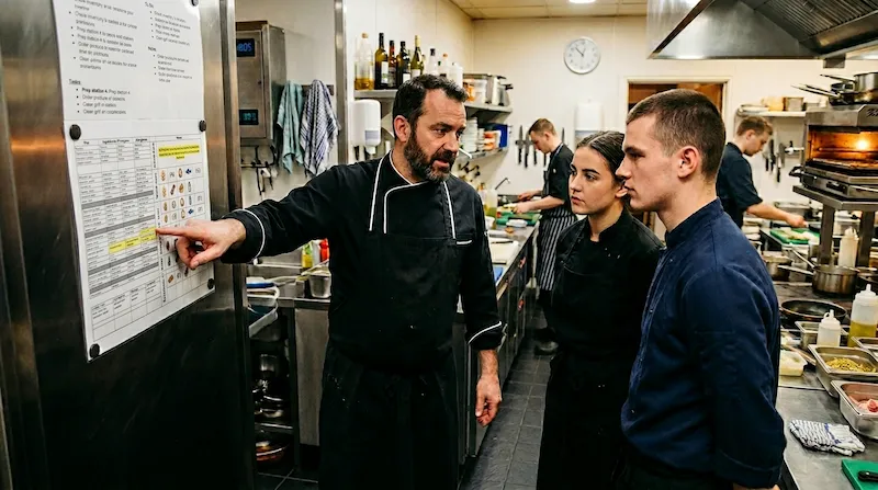 cuisinier qui montre le tableau des allergènes à ses commis