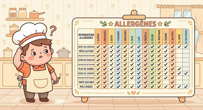 Tableau d'allergènes avec toutes les cases cochées par précaution — erreur fréquente en restauration