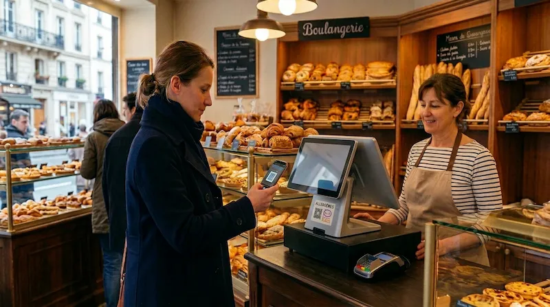 QR code affiché en boulangerie — les clients consultent le tableau d'allergènes depuis leur téléphone