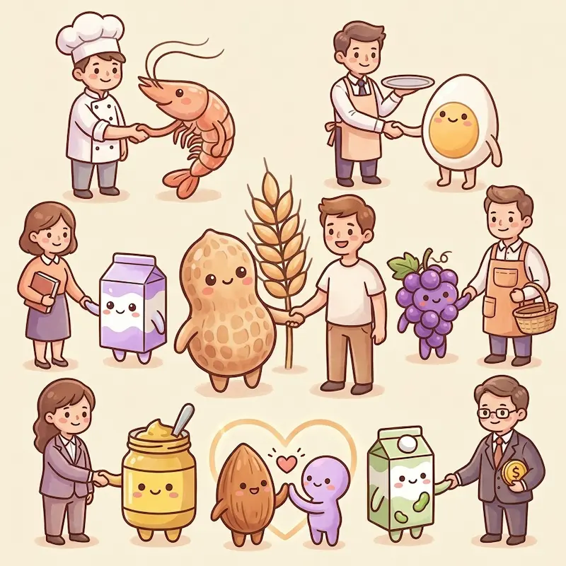 Les mascottes allergènes de PoupiEats qui serrent la main de leurs partenaires